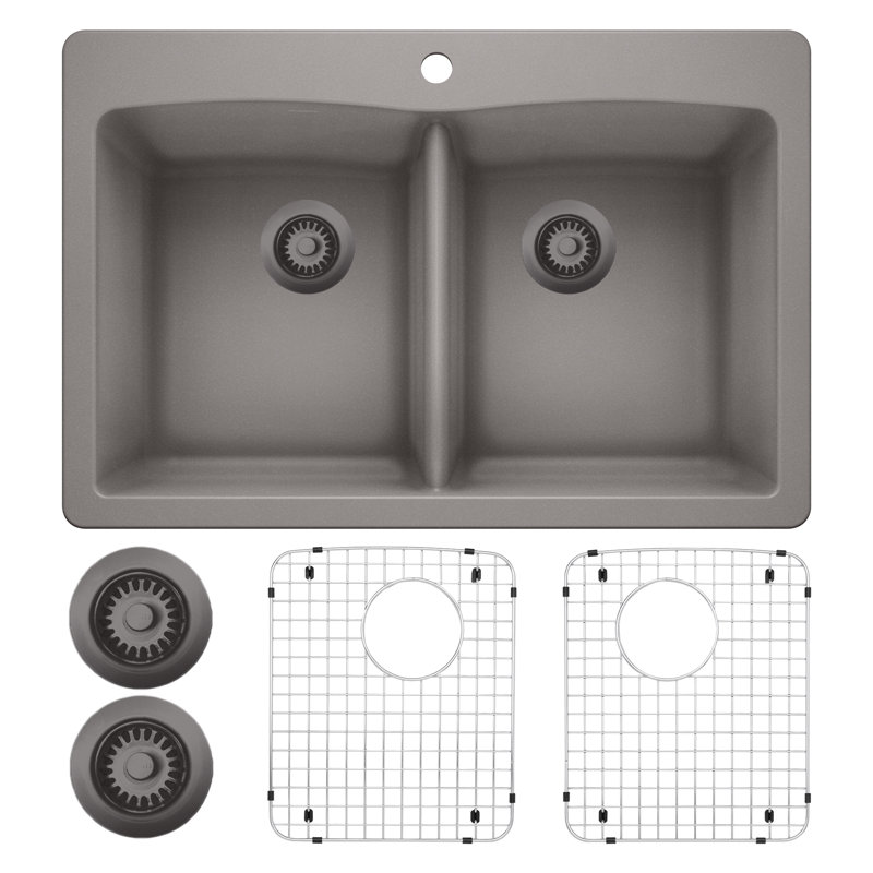 Diamond 33" L x 22" W Double Basin Dual Mount Kitchen Sink with Accessories, Metallic Gray