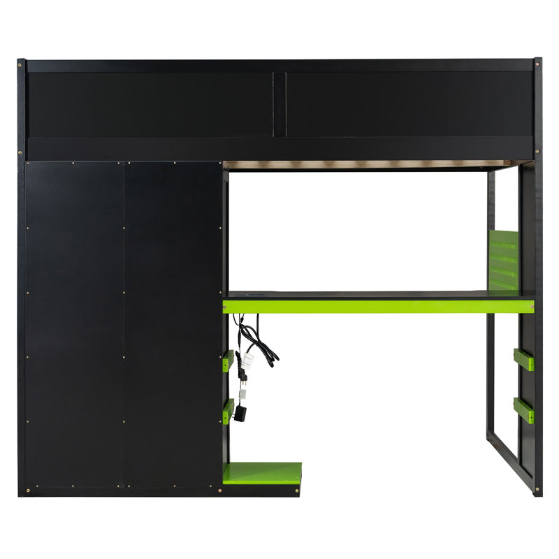 Lit mezzanine double en bois avec bureau, tablettes multiples, USB et lumière RVB, vert, Green