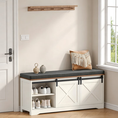 Farmhouse Storage Bench With Cushion, Shoe Bench With Sliding Barn Doors And Adjustable Shelves, Entryway Storage Bench For Hallway, Living Room, And Bedroom