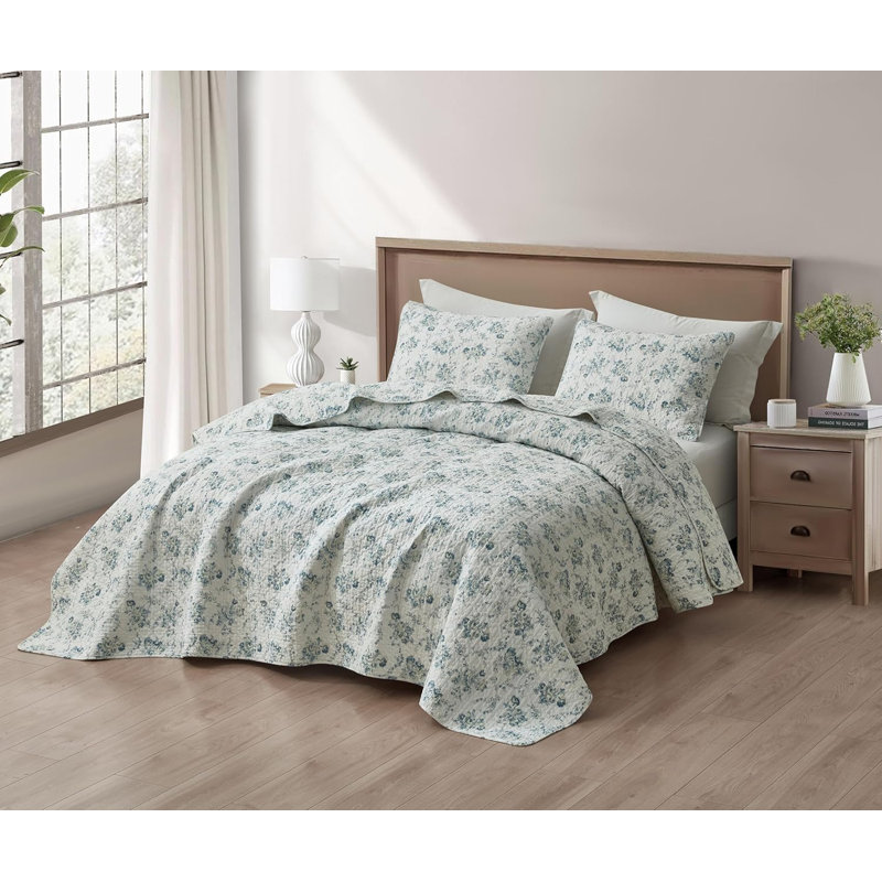 Gigi Elegant Floral Printed Reversible Washed Cotton Quilt Set, Twin Quilt + 1 Standard Pillow Sham