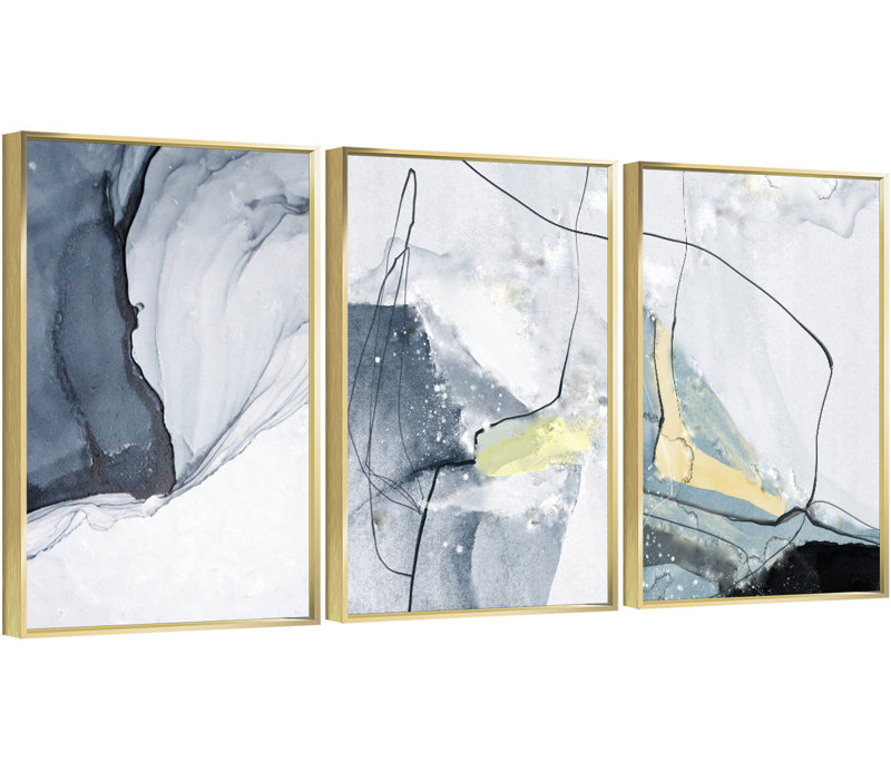 Abstrait aluminium encadré, ensemble de 3 reproductions d'art encadrées sur toile, H 24,3 po x l 48,3 po x P 1,65 po, Or