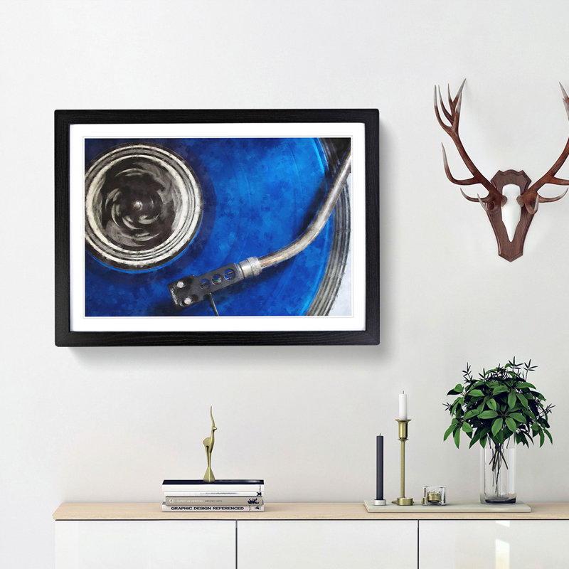 Blue Vinyl Record Painting - Single Picture Frame Print on MDF, Oak, 24cm H x 33cm W x 2cm D