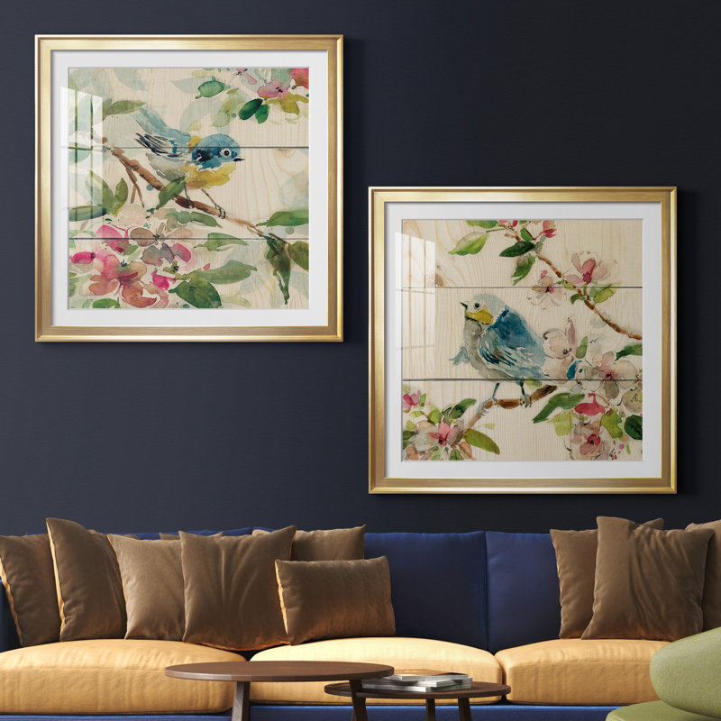 «Birds and Blossoms I», ensemble de 2 reproductions d'art encadrées, H 26,5 po x l 53 po, Toile encadrée avec passe-partout