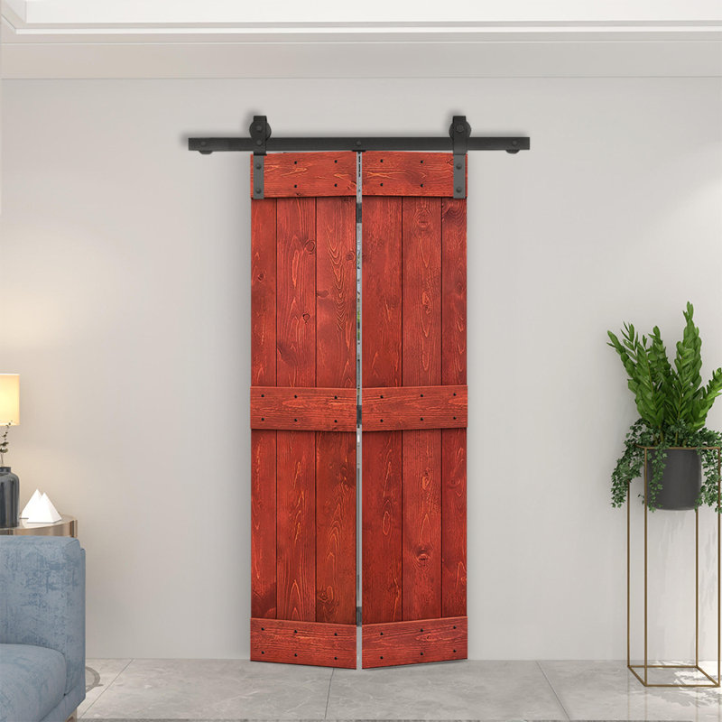 Porte de grange pliante en bois DIY avec ensemble de quincaillerie coulissante, 20 po x 84 po, Rouge cerise