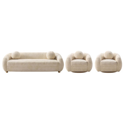 Tribeca 3-Piece Mid-Century Modern Living Room Set with Chenille Upholstered Sofa and Two Accent Chairs in Cream
