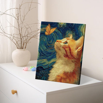 Vintage Cat Butterfly Wall Art Decor Cute Cat Starry Night Picture Poster Aesthetic Painting Artwork For Home Living Room Bedroom Wall Decor 8X10 Inch Canvas Framed