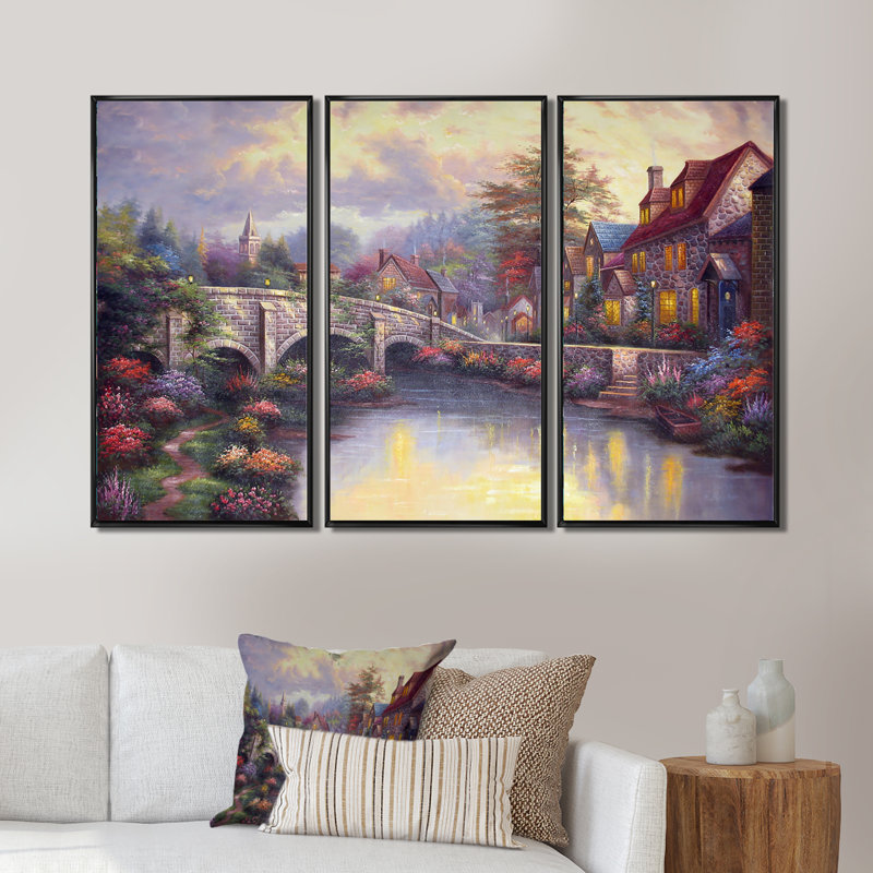 Village in Paradise - Ensemble de 3 toiles encadrées, H 28 po x l 36 po x P 1 po, Noir