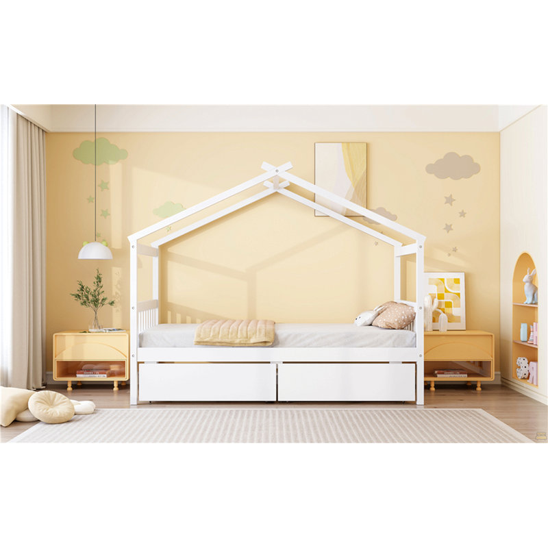 Lit simple en bois avec tiroirs, Lit simple, Blanc
