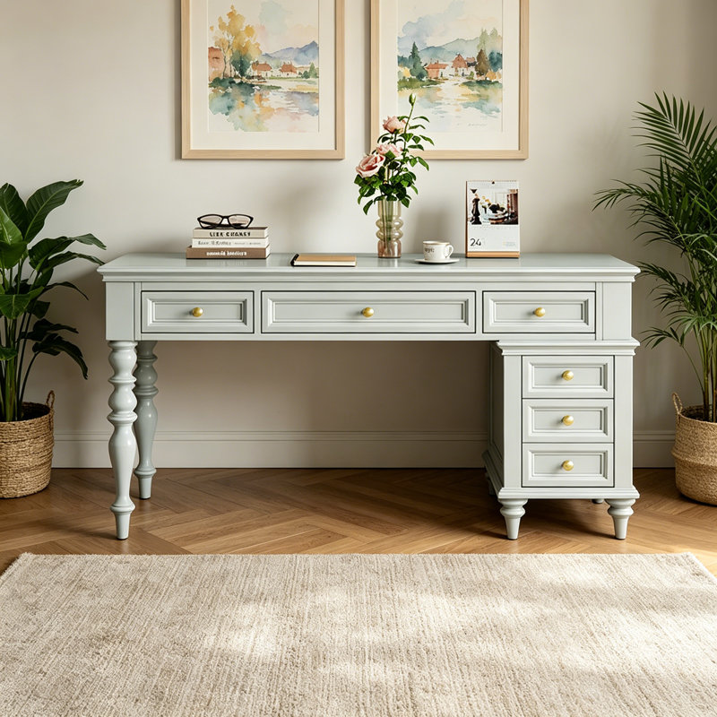 Bureau en bois massif de style champêtre avec 6 tiroirs, Bleu pâle