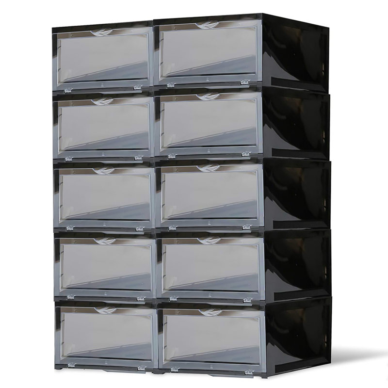 Mexia Stackable Magnetic Shoe Box Sneaker Storage Organizer With LED Light(Set Of 6), Black