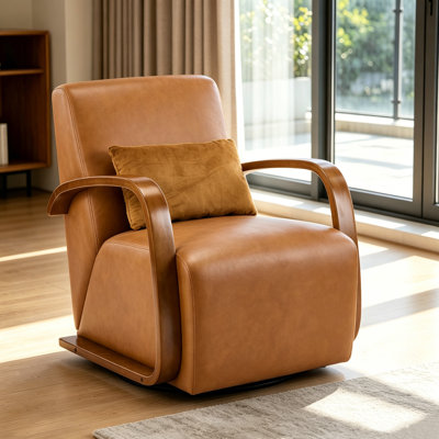 Vintage Brown Swivel Accent Chair – Luxe Faux Leather, Solid Wood Armrests, Ergonomic Comfort – Perfect for Living Room, Reading Nook,Small Single Sofa for Bedroom, Office, Apartment (Brown)
