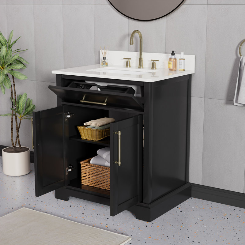 Ensemble de meuble-lavabo simple 30 po avec dessus en pierre reconstituée Bilroy, Noir, noir, noir, noir