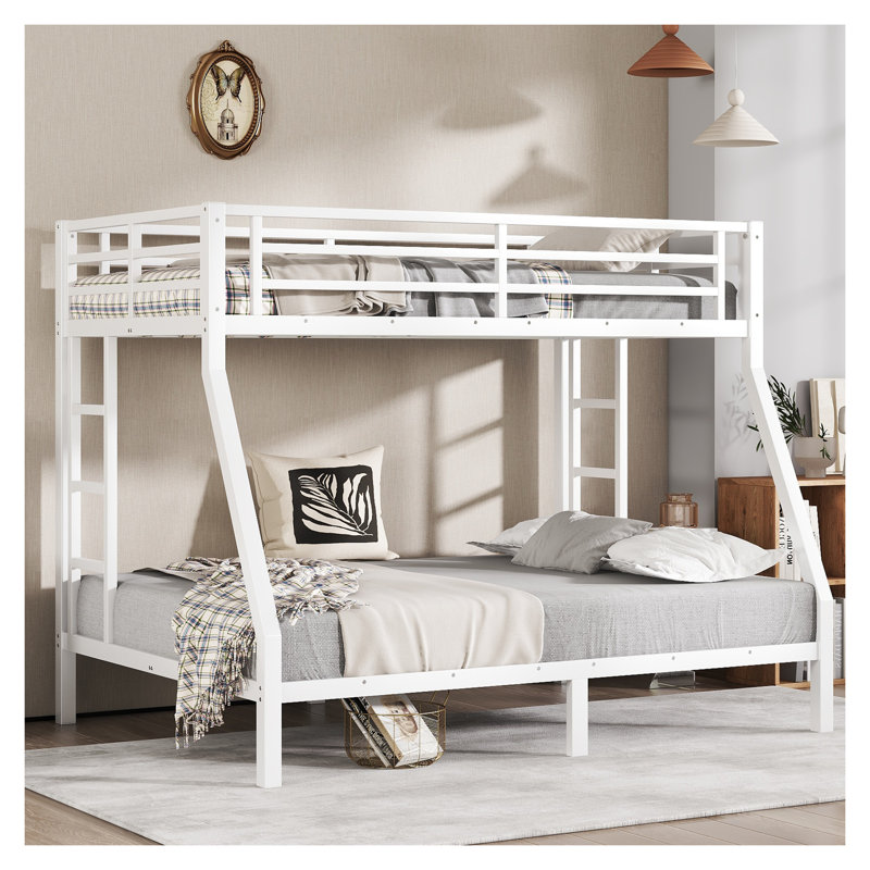 Lit superposé simple au-dessus de double en métal pour les adolescents et les adultes, conception à faible bruit avec rangement sous le lit, pas de sommier nécessaire, blanc cassé