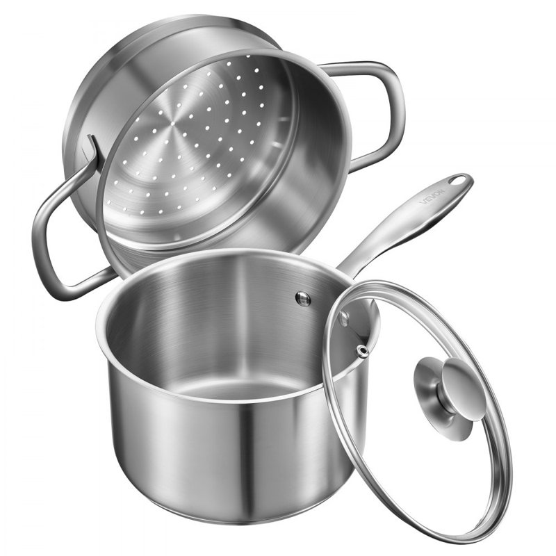 Casserole de 2,5 pte avec cuiseur à vapeur en acier inoxydable avec couvercle en verre, 2,5 pintes