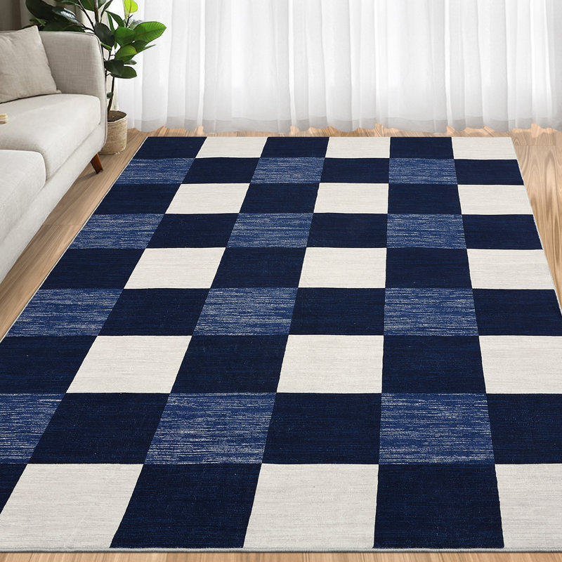 Modern Area Rugs 5x7 Non-Slip Plaid Print Accent Carpet, Stain-Resistant Low Pile Floor Cover, Washable Contemporary Indoor Mat, Easy Cleaning, for Bedroom, Living Room, Office, Navy Blue