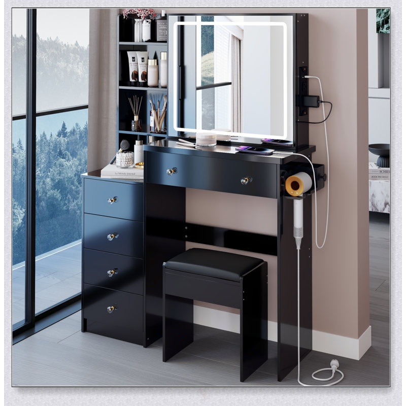 37-Inch Vanity Table Set With Sliding LED Mirror, Built-In Sockets, Hair Dryer Stand, And Cushioned Stool, High Storage Capacity