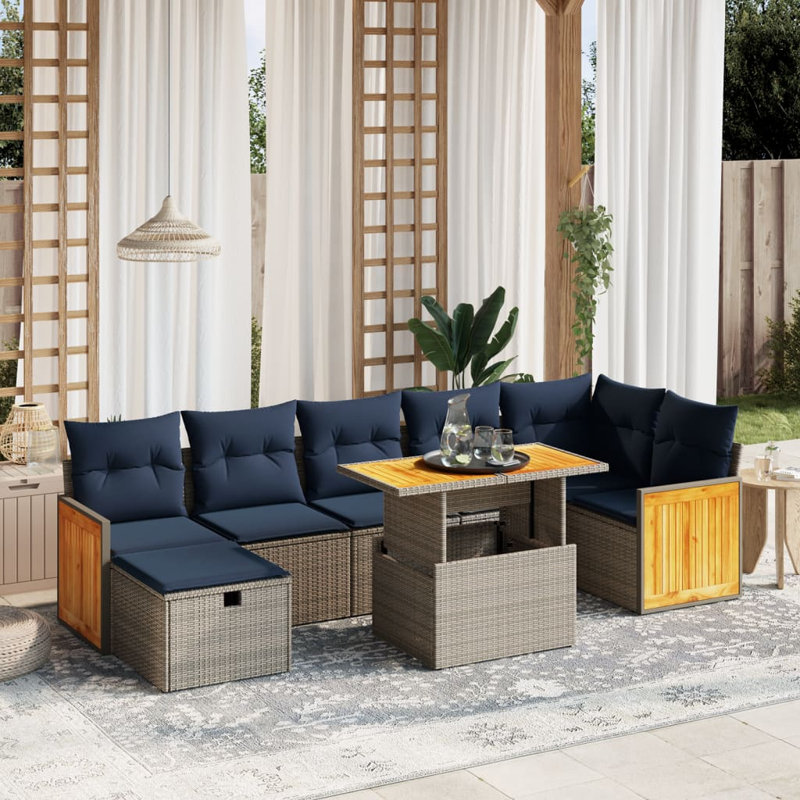  8 Piece Patio Sofa Set With Cushions Poly Rattan, Gray, Blue