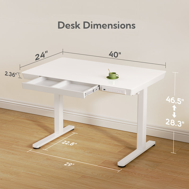 Bureau debout à hauteur ajustable en verre Seila, bureau d'ordinateur avec tiroir, port USB et port de type C, Blanc