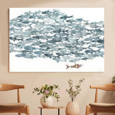 Canvas Wall Art - School of Fish with a Solitary Red Fish, Watercolor - 24" x 36" for Bathroom and Living Room