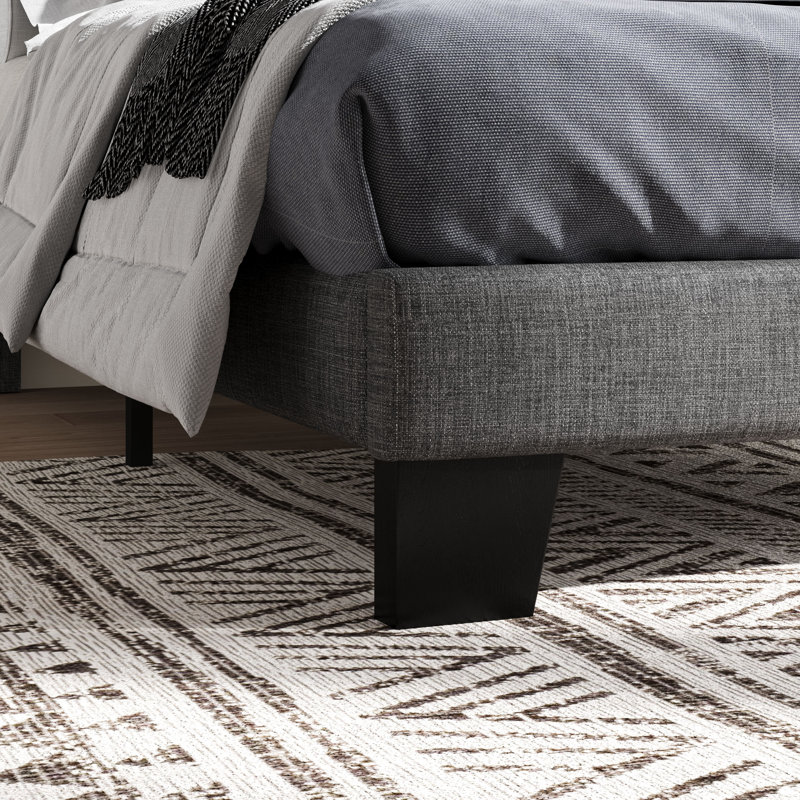 Lit plateforme Elison avec tête de lit tapissier en tissu et lattes en bois, Gris, Simple