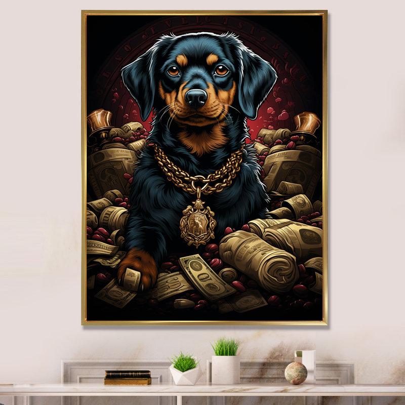 «Gangster Dachshund I» sur toile, H 40 po x l 30 po x P 1,5 po, Cadre flottant doré