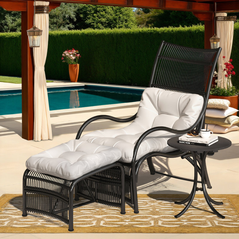 3-Piece Outdoor Wicker Chaise Lounge Set with Chair, Ottoman, and Acacia Wood Table, Black