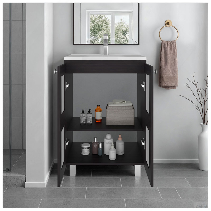 Haysi Bathroom Vanity Cabinet With 2 Frosted Glass Doors, Resin Sink And 2 Interior Shelves Cabinet, Compact Vintage And Modern Bathroom Vanity