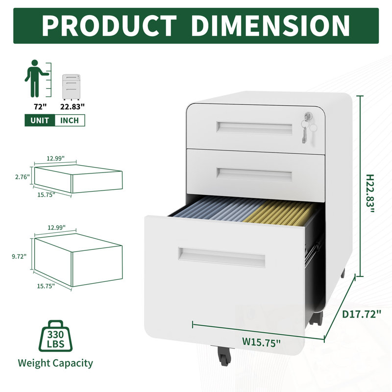 3-Drawer Wide Mobile File Cabinet with Lock, White