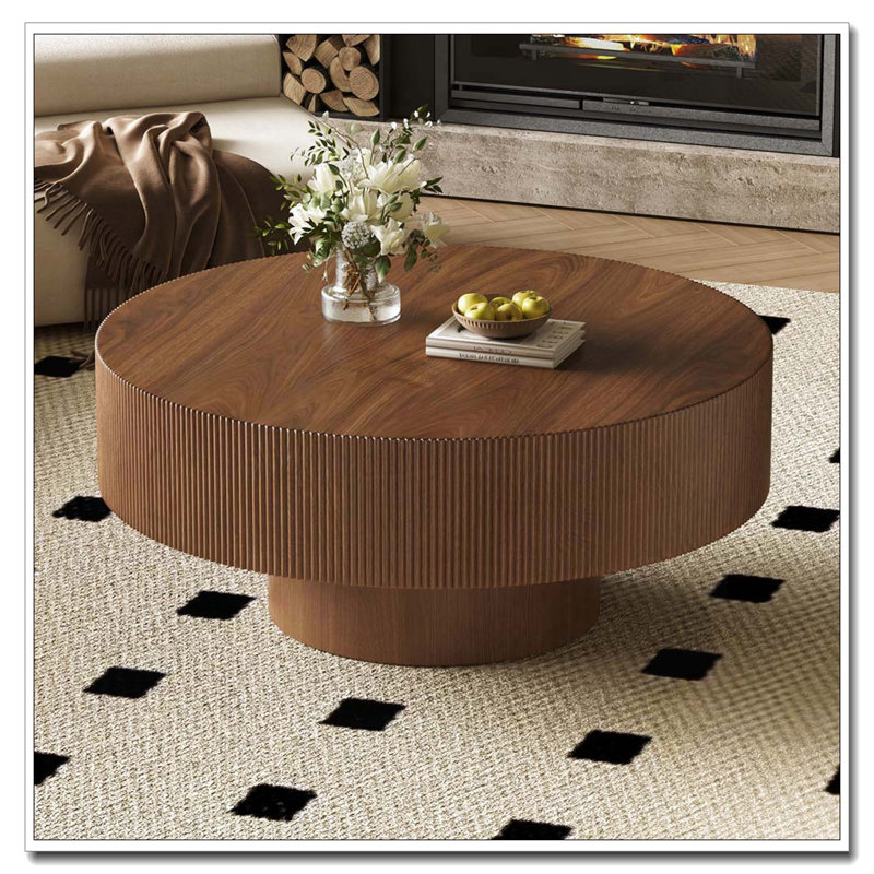 Round Coffee Table with 6.8" Thick Tabletop, Modern Drum End Table, Walnut, 16.7" H x 35.4" L x 35.4" W