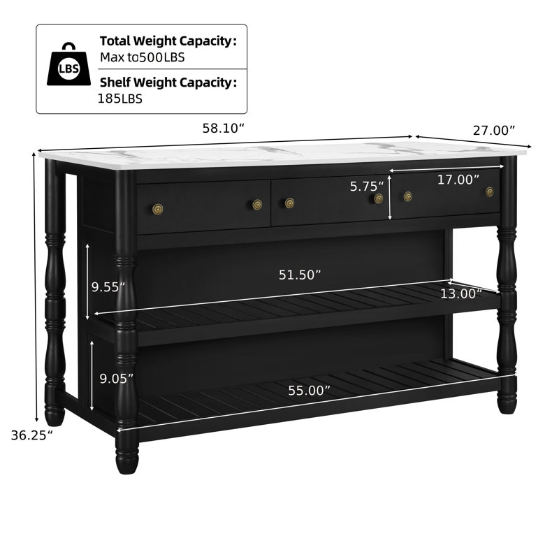 Îlot de cuisine en bois de pin traditionnel de 58 pouces avec plateau en faux marbre, 3 tiroirs et 2 tablettes ouvertes Rowan