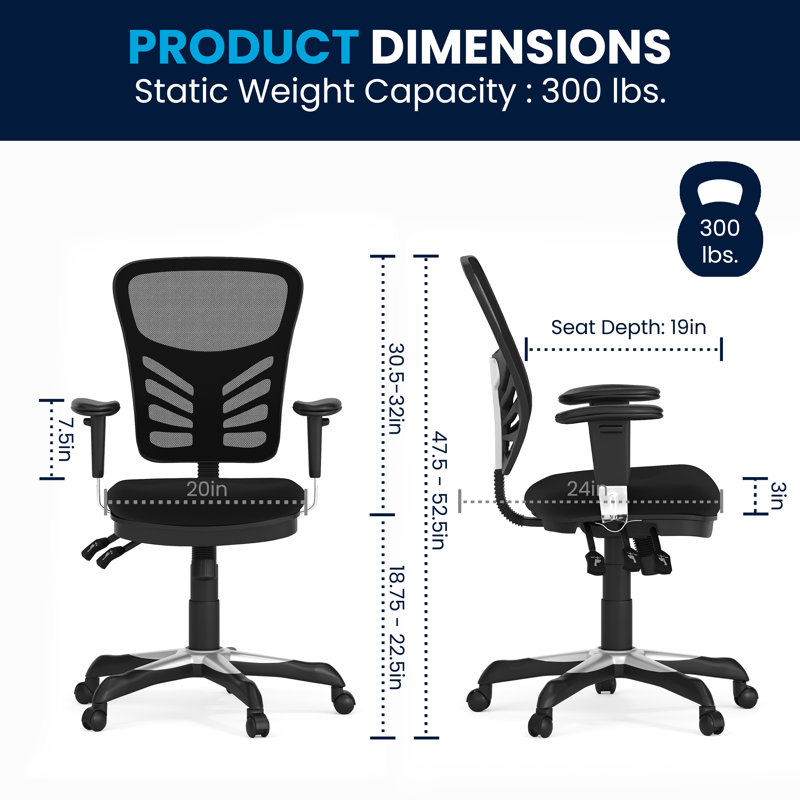 Siyer Mid-Back Mesh Ergonomic Office Chair with Adjustable Arms, Black, Black