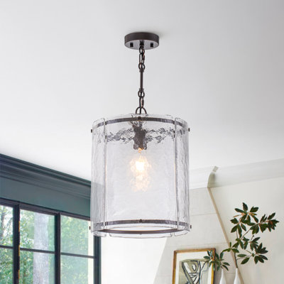 1-Light Handcrafted Textured Water-Glass Cylinder Pendant