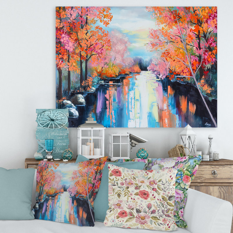 «Orange Autumn Forest by the River», peinture sur toile, H 12 po x l 20 po x p 1 po, Toile tendue