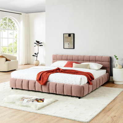 Lit moderne très grand avec tissu en chenille et tiroir rose - Revêtement confortable à plateforme