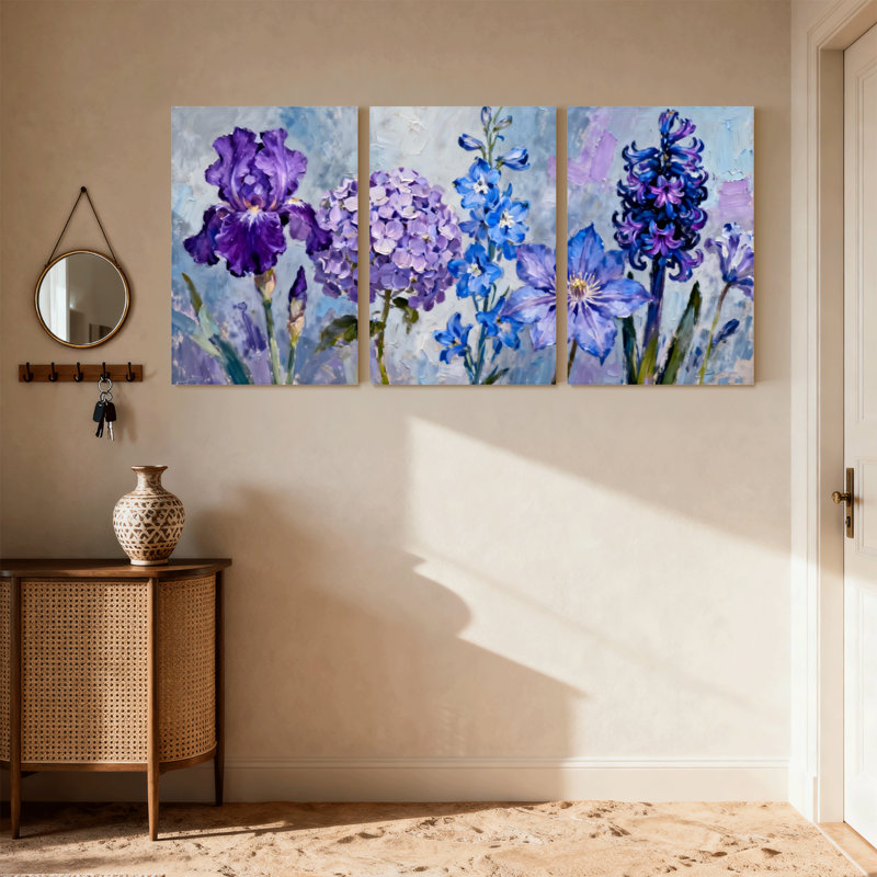 Plantes et fleurs fleurs mauves, ensemble de 3 reproductions d'art sur toile, H 18 po x l 36 po