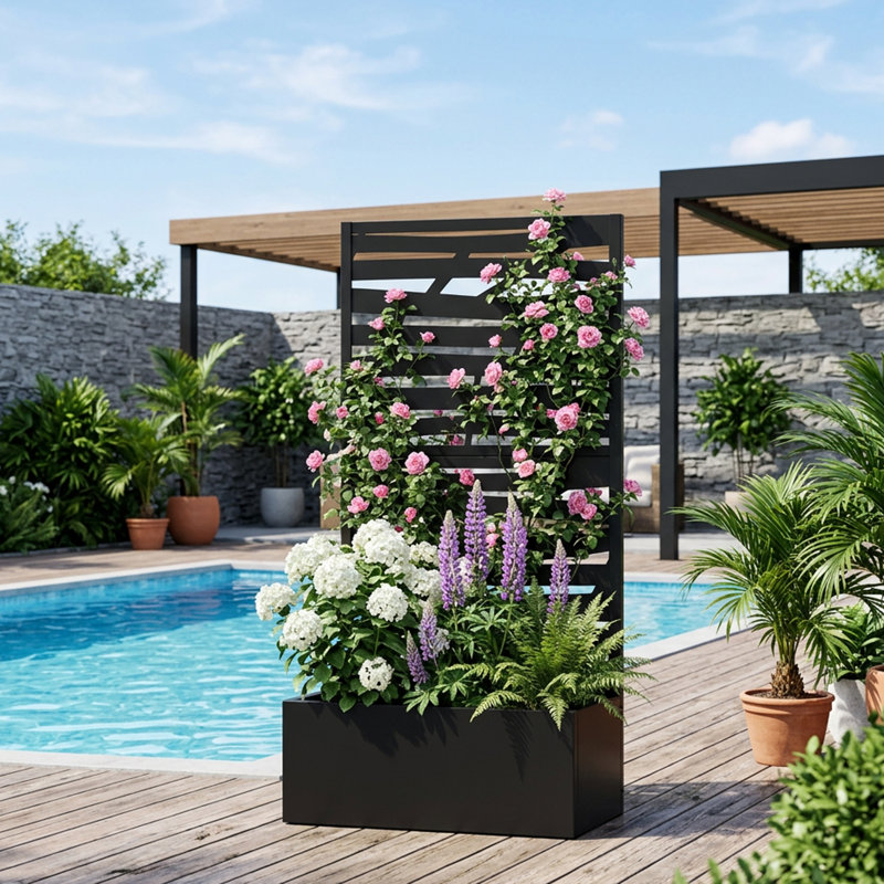 Boîte à fleurs en métal avec treillis, H 59 po x l 30 po x P 12 po, Noir