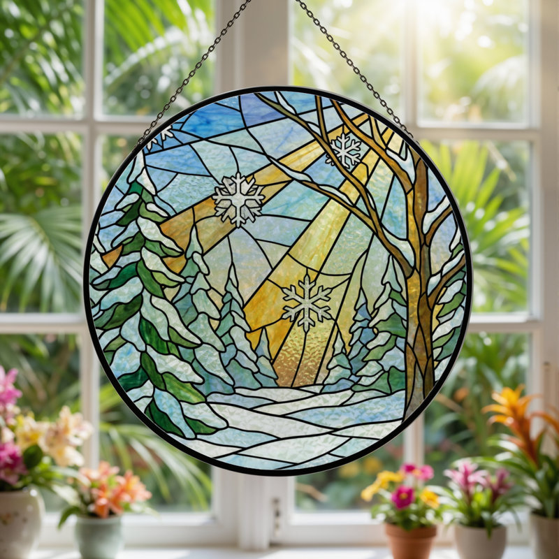 Panneau de vitrail 12 "H Winter Landscape, H 12 po x l 12 po