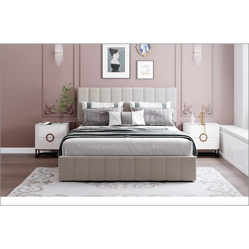 Grand lit plateforme tapissier avec système de rangement hydraulique, Beige