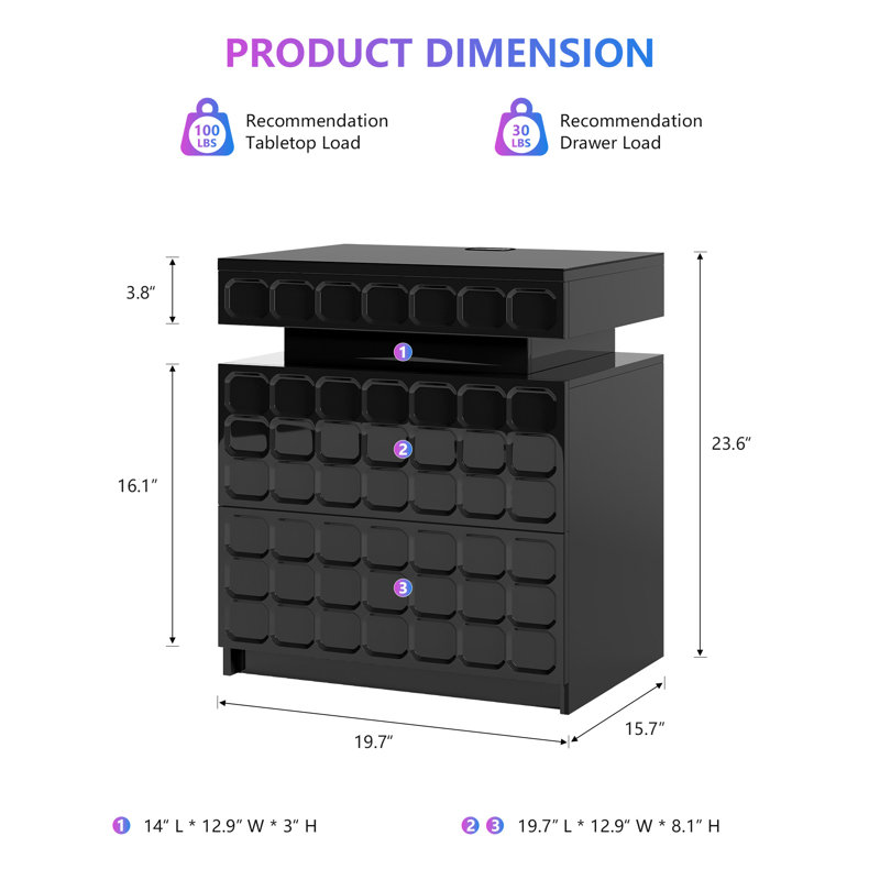 Ashten 19.7'' W Nightstand With 3D Mirror Abyss & Rgb Lighting, 2-Drawer Bedside Table With Hidden Storage And Human Sensor Light