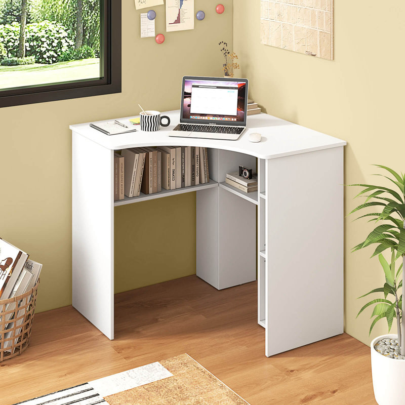 Yeramis Wrought Studio? L-shaped Computer Desk With Storage Shelves Adjustable Shelf For Home Office, White