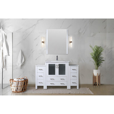 Meuble-lavabo simple blanc 54 po Largeur, profondeur de 18,02 po, fermeture en douceur, rangement avec armoire et tiroirs, profondeur de 18,25 po, système de tiroirs fermés, surface en céramique durable