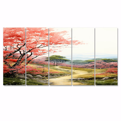 «Blossoming Red Autumn Tree Countryside Road», art mural campagne 5 pièces