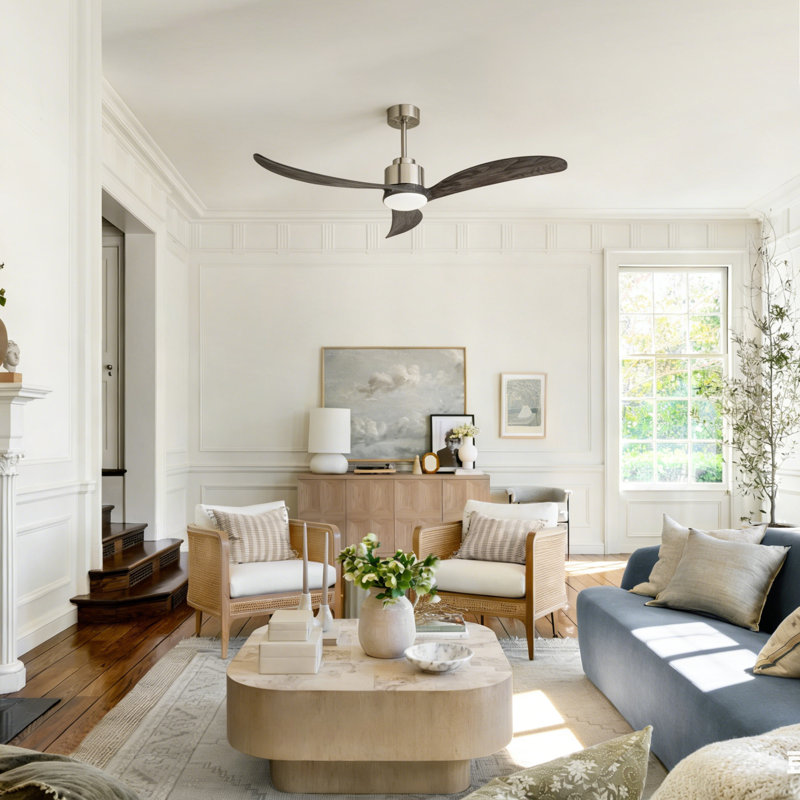 Ventilateur de plafond de 52 pouces avec pales en bois massif fini nickel, éclairage DEL, moteur CC réversible silencieux, télécommande à 6 vitesses et 2 tiges de suspension réglables pour l'intérieur de la maison