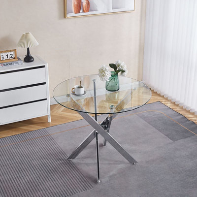Table de salle à manger avec pieds croisés en métal et verre trempé, table de cuisine moderne pour le salon, pieds chromés