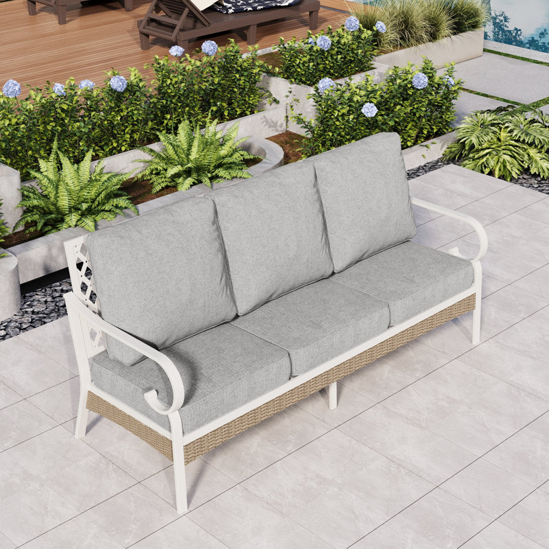 74.8'' Wide Outdoor Patio Sofa With Cushions & Wicker Decor, Light Gray Cushion/ White Frame
