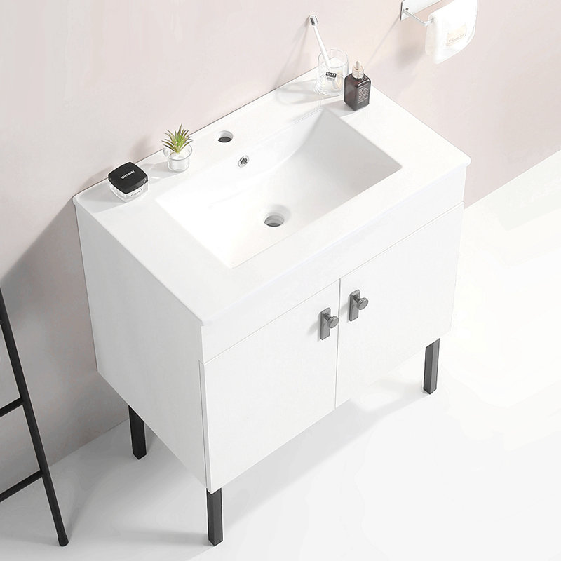 Meuble-lavabo autoportant, 2 portes à fermeture douce, contreplaqué (à l'exception du lavabo), Blanc