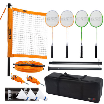 Ensemble complet de badminton GSE Professional avec filet de badminton, 4 raquettes de badminton, 3 volants, ligne de démarcation. Idéal pour les cours, le parc, la plage et la pelouse