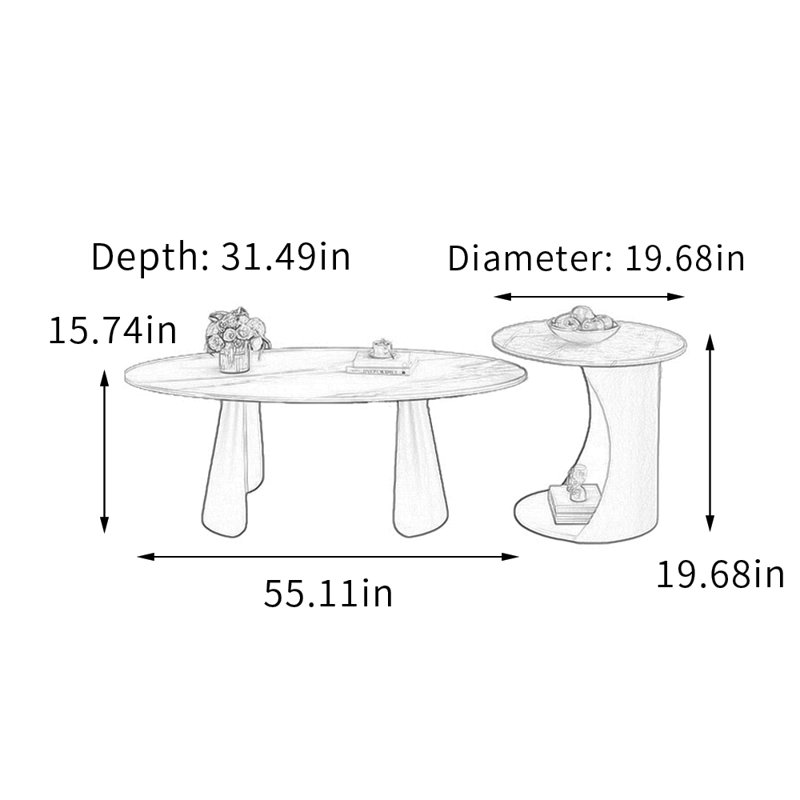 Ensemble de tables basses ovales pour petit appartement, 15,74 po H x 55,11 po L x 31,49 po po, Blanc / gris clair / gris mat