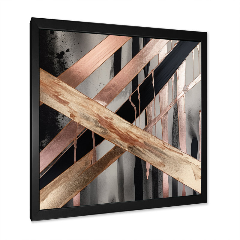 «Metallic Stripes And Circles III», reproduction sur toile abstraite en marbre, H 30 po x l 30 po x P 1 po, Cadre photo noir
