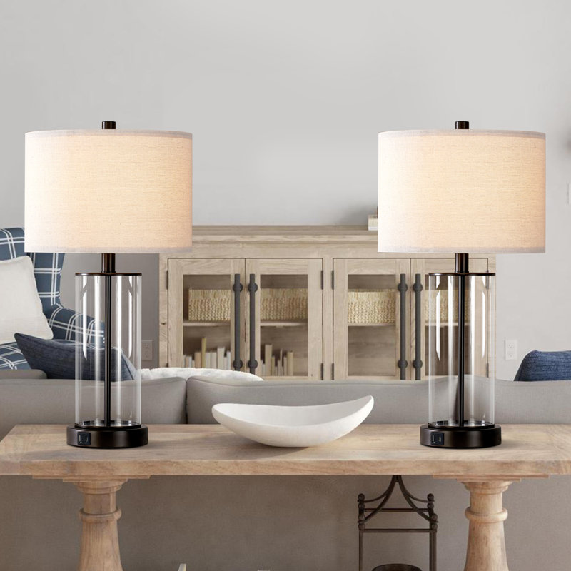23'' USB Glass Table Lamp Set(Bulbs Included), Matte Black